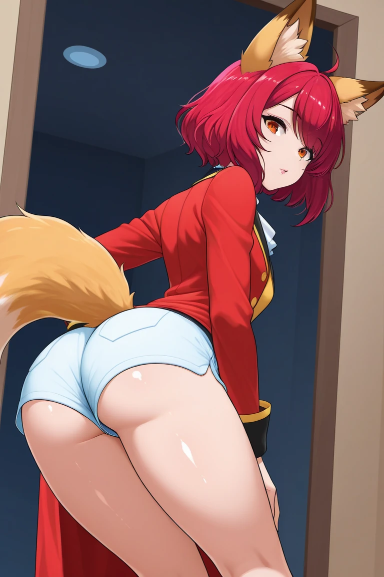 boy, squirrel, furry, bodyfur, tail, collar, bra, bottomless, gloves, boots, chibi, sparkling eyes, idol, hair bow, happy, full body, looking back, after anal, bukkake, all fours, male focus, plump, young, flaccid, small penis, testicles, anus, perineum, bare legs, heavy breathing, full-face blush, on bed
