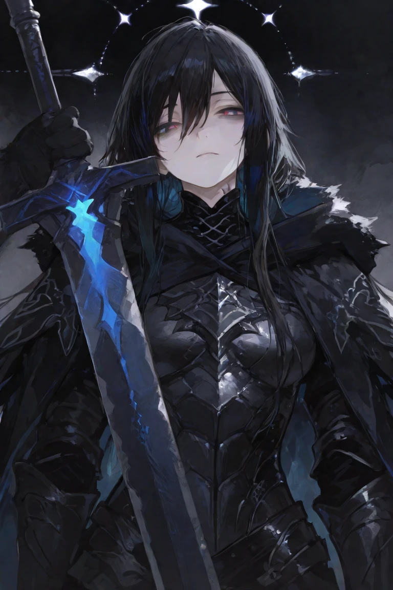 warlock dnd's patron, undead king, blue eyes glowing, dark Woods, cold gray colors, Skeleton army in background, Bloodstained dress

