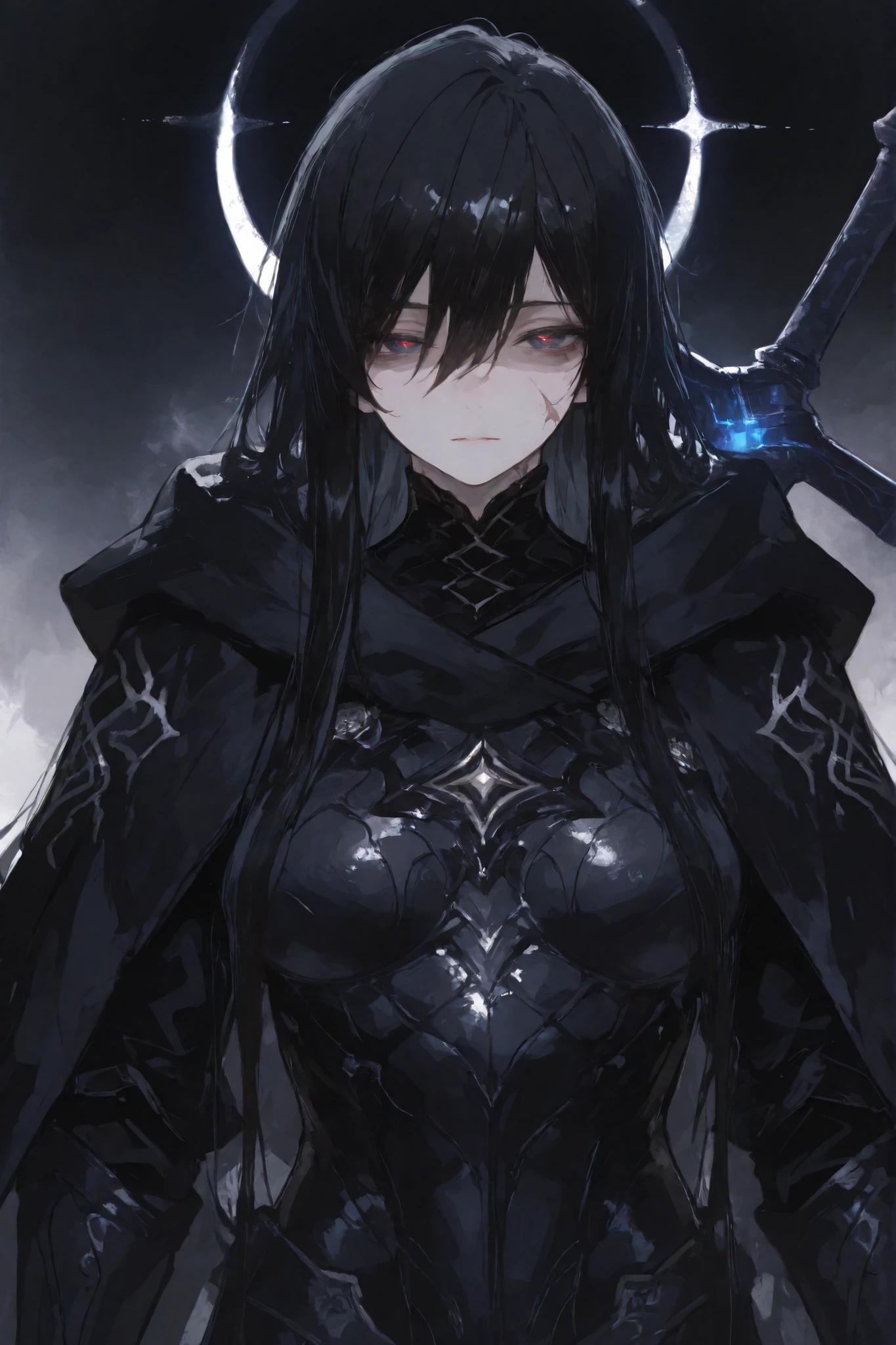Dark fantasy, knee length portrait, beautiful biopunk tentacle girl, dividing lines on body, dark skin, dark black skin, dark gray skin, (black ashen skin), metallic gloss, white mramor helmet, short clothing, less clothes, open belly, devastated gothic environment, (cold lighting), highly detailed art, many details, extremely detailed background