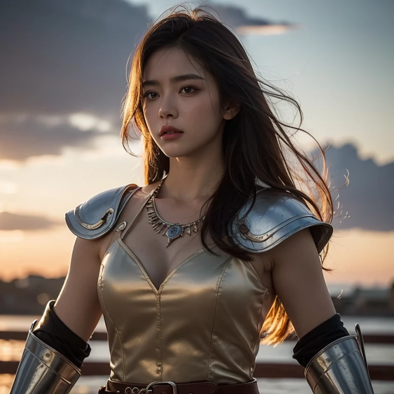 (best quality, high quality:1.2), cinematic lighting, shadows, digital art, (ojou-sama pose, laughing:1.1), (hand on own chin:1.3) fudouayame, 1girl, sunset, outdoors, park, complex background, mountains, upper body, from below, sunset looking at viewer, brown hair, long hair, ponytail, eyeshadow, detailed face, brown eyes, red ninja outfit, sideboob, scarf, sash, red (single pauldron:1.1), single gauntlet, gloves, pelvic curtain, huge breasts, cleavage, thighs, ((((in a comic con event)))), (((public gathering))), (((convention)))