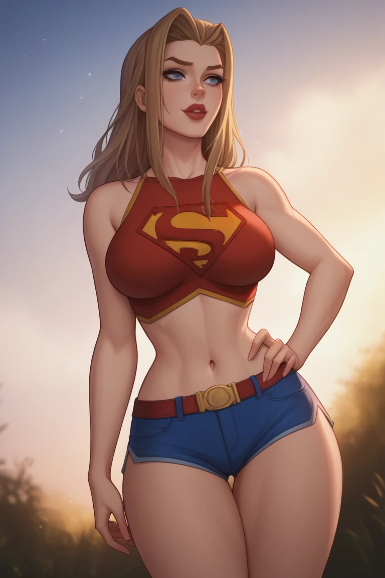 The character Supergirl, perfect red and blue costume, red cape, blond hair, perfect curves, beautiful face, seductive girl...