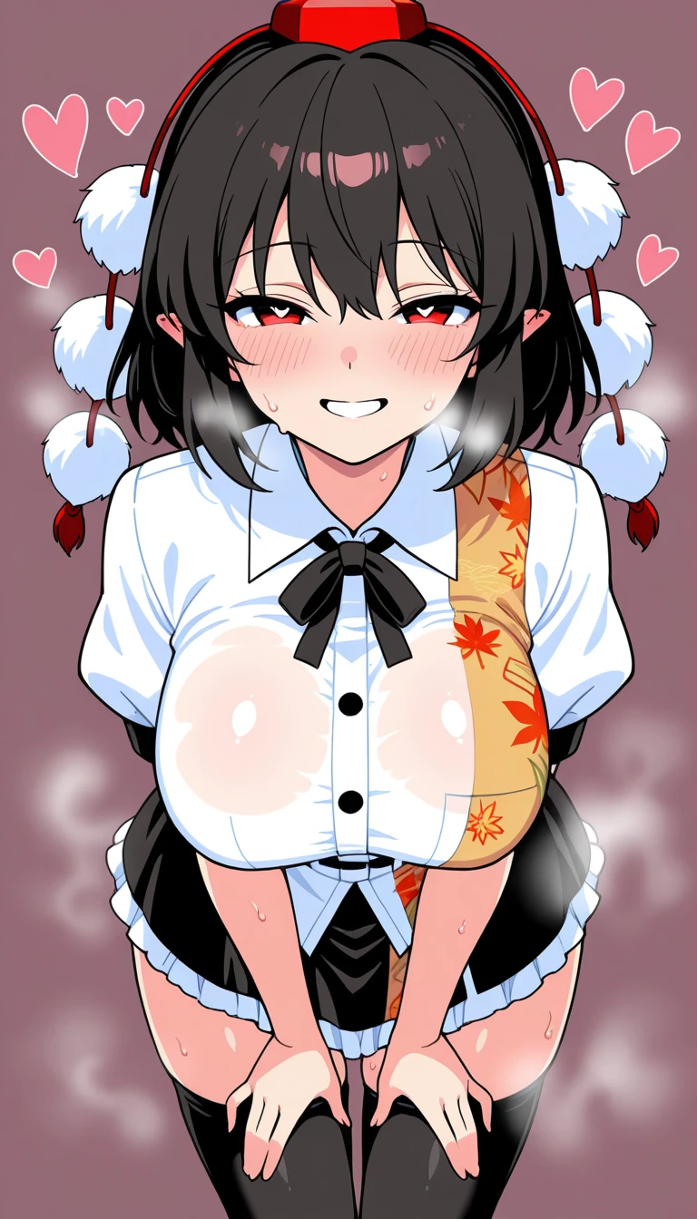 Chomiku Plus Style, Upper Body, Button gap, Neck ribbon, smile, black good, Black Hair, One girl, ponytail, good, Simple Background, White Background, gigantic breasts, See-through, , breast focus, good visible through clothes, Mouth closed, alone, collared shirt, white shirt, Short sleeve, , shirt, underwear,animal ears,heterochromia yellow eyes red eyes,upper body,pov