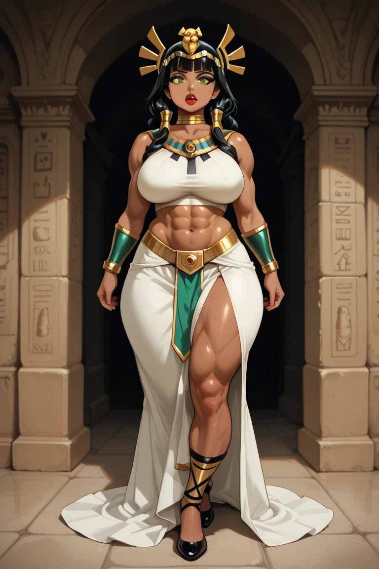 ((side profile)), ((full body view:1.4)), ((masterpiece)),(((best quality))), ((egyptian empress, mature face)), ((middle eastern eyes:1.4)), ((Vulture crown:1.4)), (((septum piercing)), defined cheekbones, high cheekbones, illustration, ((muscular:1.3)), ((gold:1.4)), sexy bimbo, (gigantic breasts:1.7) ((long Egyptian headpiece)), black hair, ((detailed face:1.4)) beautiful woman, (egyptian:1.4), colored skin, (white skin:1.4) , (red lipstick:1.4), shiny skin, ((skindentation)), scribbles and marks,(puffy lips:1.4) , (temple: 1.5), ( at night: 1.5), rough sketches, pose, 8k,16k, ( background, white background: 1.3) ((warm color palette)), ((ancient aesthetic))