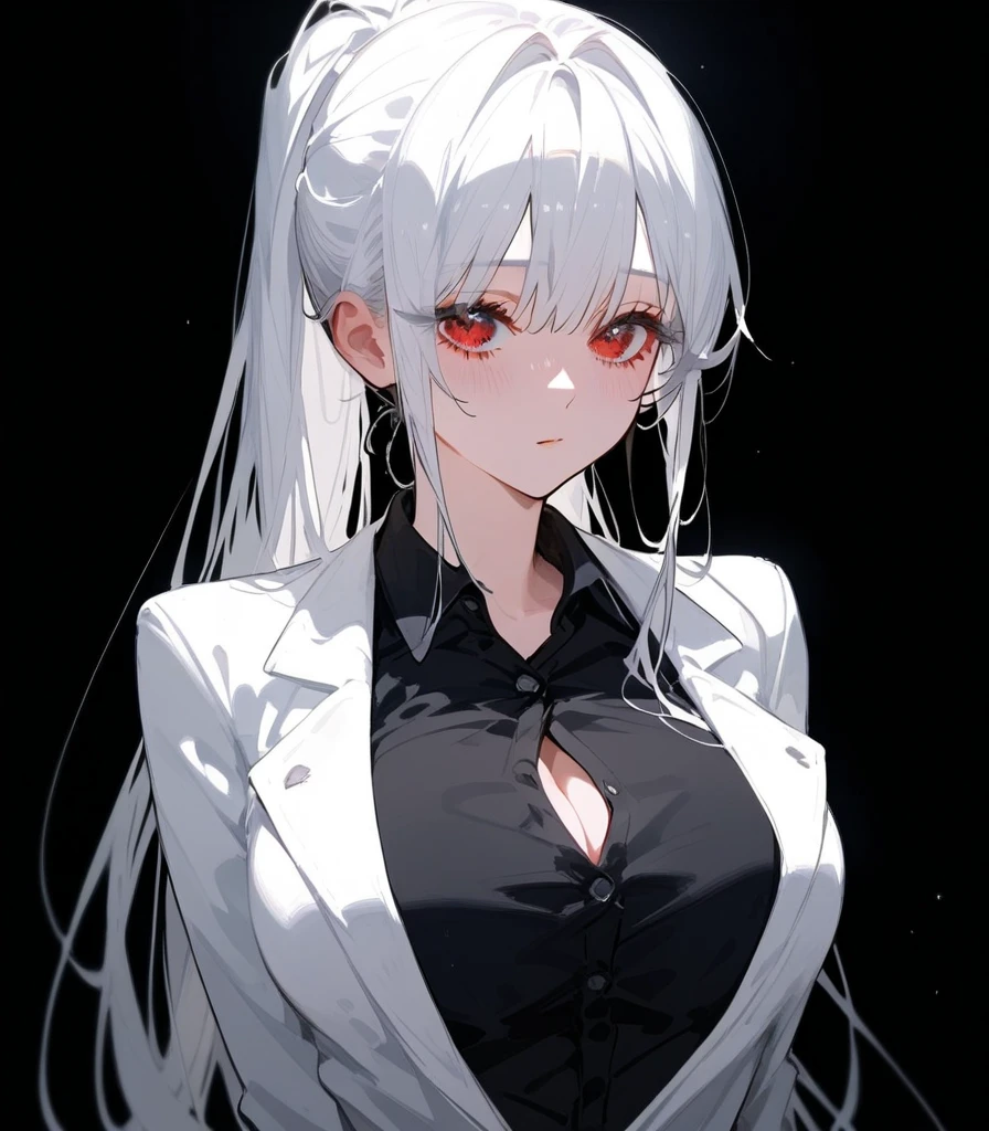 (чрезвычайно подробные обои CG Unity 8k), (Masterpiece), (Best quality), (ultra detailed), (best illustration), (best shadow), (Absurd) ,(подробные eyes), 2p, 1 girl, long hair, White hair, One, fighting pose, adult beautiful girl, White hair, (((White hair, collected in two very long fluffy braids))), ((white bangs cover one girl'eyes)) (((the girl has a stern expression on her face))), free confident pose, ((White shirt)), ((blazer)), black nails, rings on fingers, (((waist portrait)))