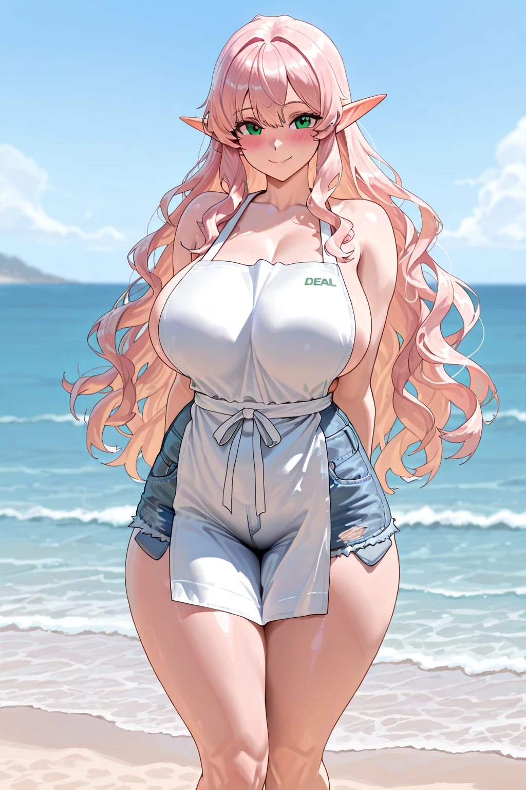 Anime woman with long pink hair, curly hair, large breasts, narrow waist, wears glasses, and wears a blue and white swimsuit.