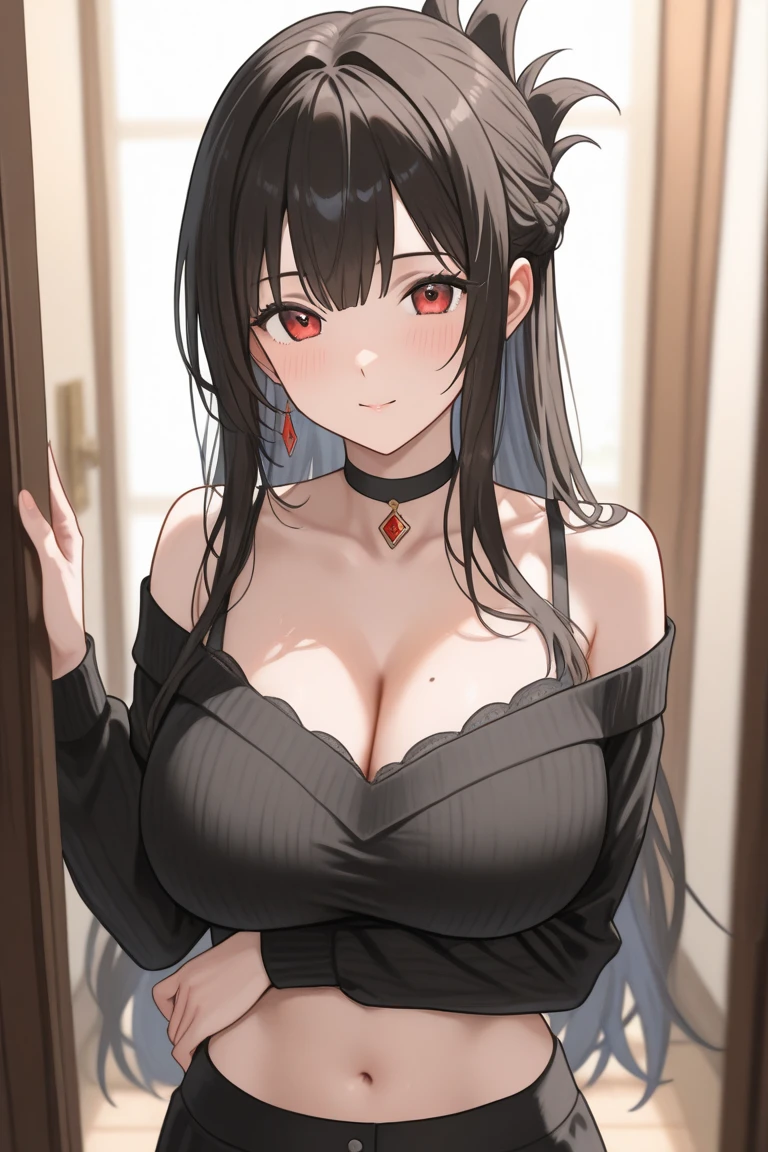 1girl, ahoge, bangs, bare shoulders, black hair, blush, breasts, cleavage, collarbone, crossed bangs, dress, earrings, hair between eyes, hair ornament, huge breasts, jewelry, long hair, looking at viewer, necklace, official alternate costume, one side up, parted lips, plunging neckline, red eyes, sleeveless, sleeveless dress, smile, solo, taihou \(azur lane\), upper body, very long hair, white dress,(masterpiece:1.4),(best quality:1.4),(shiny skin)