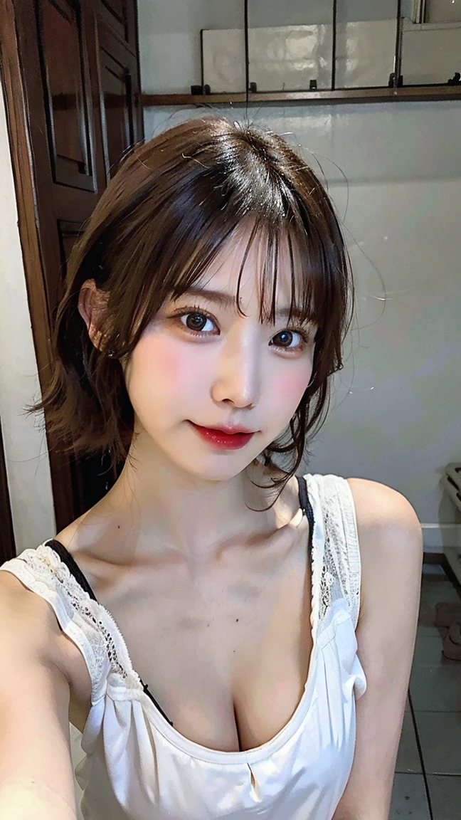(32k, RAW Photos, Highest quality, masterpiece:1.2), (Realistic, photo-Realistic:1.4), (Highly detailed 8k wallpaper),Sharp focus, Depth of written boundary,Blur the background, Bokeh,Professional Lighting, Cinema Lighting,Backlight, A cute 20-year-old Japanese girl with a young face、Chest close-up、(Her blouse is completely unbuttoned、Nipples are visible:1.5)、Small nipples、The areola is pale pink、(Small breasts:1.8)、Randomly change your hairstyle and hair color、LOL、(On all fours:2.0)