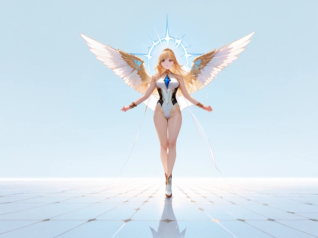Absurd resolution, high resolution, (masterpiece: 1.4), super detailed, girl alone, from above, future, psychic powers, legend, universe, floating, blonde, petite, short hair, space-time, long boots, white and blue costume, elbow-to-elbow gloves, gentle smile, wind blowing