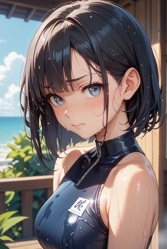 absurderes:2.0、dramatic angle、(old school swimsuit、from above:1.6, )、realistic, Unity 8K Wallpaper, Masterpiece, Realistic face, Realistic skin feeling ,detailed hair, highly detailed, realistic glistening skin, Cute Girl, Perfect face, charming face, Glossy skin, big brest、embarrassed、gray hair, black eyes, smile