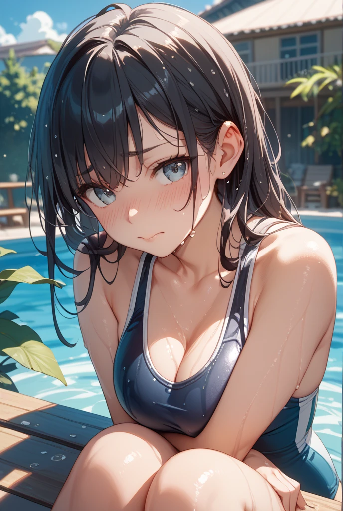 (NSFW:1.2),1 beauty, Slightly tanned girl,Traces of swimwear, Watery Big Eyes,Beautiful constriction,(Flustered expression),long eyelasher,Blushlush, in poolside, Wet whole body, ((Bikini swimwear)),((Shift your bra yourself and go topless:1.2)), (dishevled hair:1.2),bustshot,zoomed