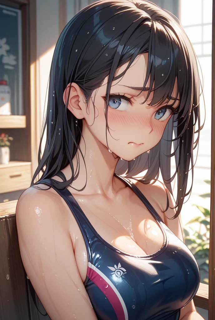 Absurd, Super detailedな,(In 8K:1.3),Masseter muscle area,(masterpiece:1.2)、(Highest quality)、4K、Super detailed、(Movement Structure:1.4)、(Shining Lights、Atmosphere lighting), High resolution, Best Quality、(One girl:1.4),Super detailedな,Bright colors、Treebreak Production Art、(Warm color light source:1.2),High-level image quality、Fine image quality、Intricate details,Volumetric Lighting,Realism BREAK、Profile、 Idol face、15 years old、Very beautiful face and eyes, Beautiful images、 natural make up、puffy eyes、catchlight eyes、deep detailed eyes、 (Big Tits:1.2)、(glossy skin :1.5),(curvy body:1.2)、 (Be embarrassed:1.4), (black hair、blunt bangs、straight hair、wet hair), (orgasm face:1.4), Dark navy eye color. (A school swimsuit with a vivid texture:1.3), (super wet skin:1.2) 、(Breast bag)、 (white background),(Baby Face:1.5)、(kneeling:1.4),(from directly below:1.4)