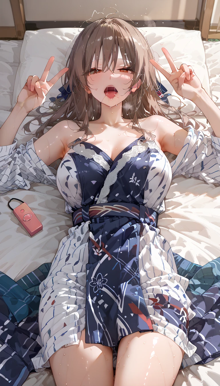 A Chinese beauty wearing an orange and blue gradient Hanfu with embroidery on the chest is lying in bed sleeping. The photo is shot from above at a close range, with ultrahigh definition details, natural light, soft tones, warm colors, elegant movements, delicate skin texture, gorgeous patterns, and stunning visual effects. in the style of natural light.