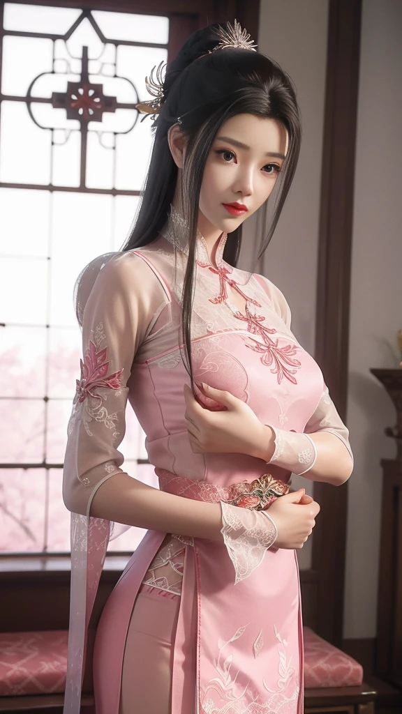 1 beautiful girl wearing ancient costumes, ((pink and light white outfit: 0.8)), Long and silky black hair, hair jewelry and necklaces, Beautiful little face Thin eyebrows, big round black eyes, fine and detailed makeup eyelashes, High nose, wearing earrings,Small red lips, rosy face, Enlarged and round breasts, tight breasts, breast augmentation,Slim and petite body, Portrait of a beautiful girl, 8k photo, super high quality, super realistic, 10x super pixels, photo realistic, dark studio, border light, two tone light, (detailed skin) high: 1.2), 8k uhd, dslr, soft light, high quality, volumetric light, candid, Photo, high resolution, 4k quality, 8k, Bokeh, Smooth and sharp, pixel up 10 times, (background space: 1.8), (galaxy: 1.7), aurora, lightning, (Aurora Background: 1.8),