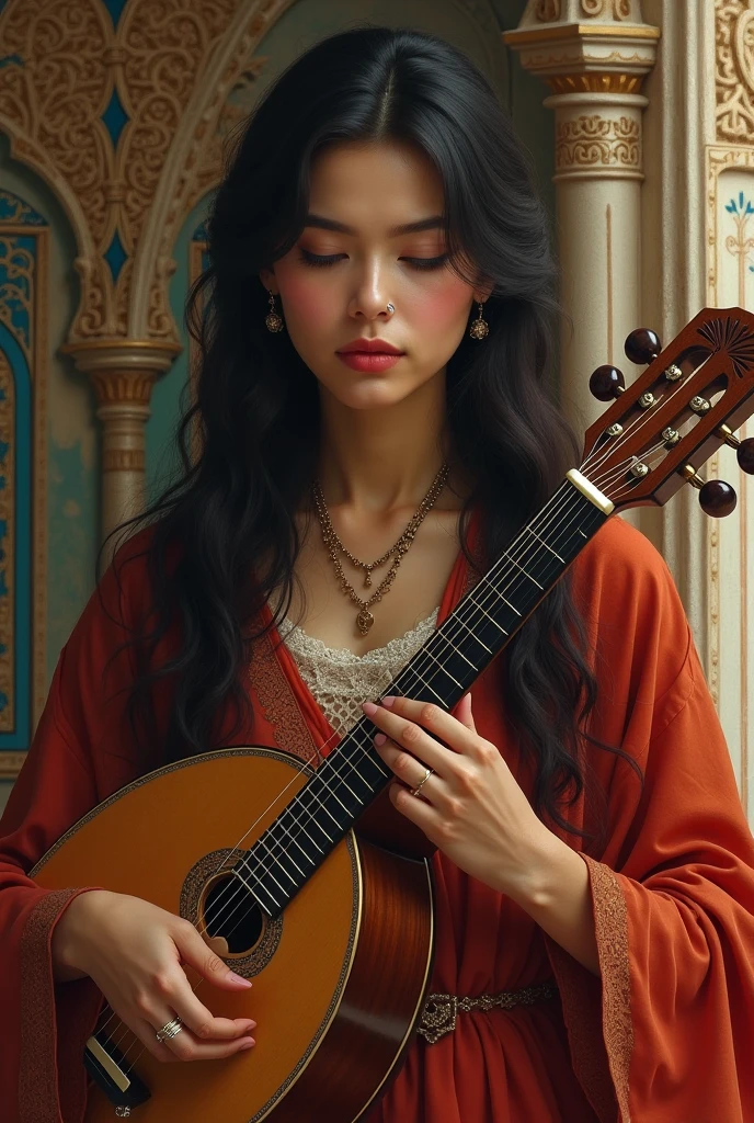 Woman is playing sitaar musical instrument in old era