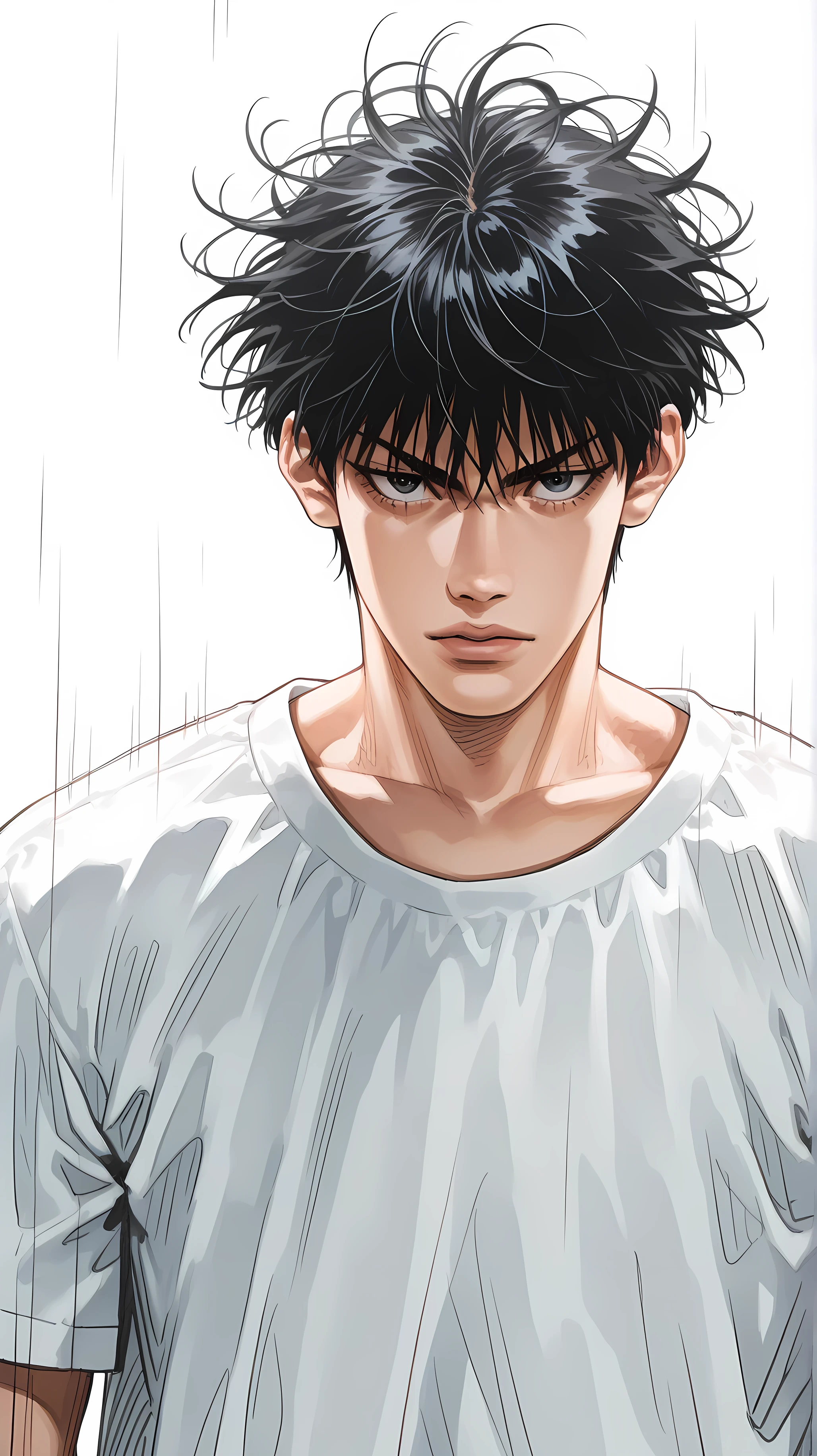 (yoneyama mai:0.8),(watercolor art),realistic,(anime lines:0.7),
materpiece,amazing quality, high quality,best quality, very awa, highres, absurdres,uncensored,very aesthetic, gritty aesthetic, hand-drawn, manga, dynamic shading, textured hair, visible ink strokes, visible pencil strokes, ink strokes, sketch lines, BREAK,
1man, solo, male focus, masculine face, mature, adult, Japanese, black hair, messy hair, tall, athletic, athletic body, muscles, bowl cut, short hair, black eyes, neutral, standing, oversized blank white t-shirt, blank t-shirt, close to viewer, blank white t-shirt, upper body, dynamic pose, dynamic shot, blank background, looking at viewer, facing viewer, white background
BREAK, detailed illustration, detailed background, detailed eyes,depth of field,
materpiece,amazing quality, high quality,best quality, very awa,very aesthetic,
