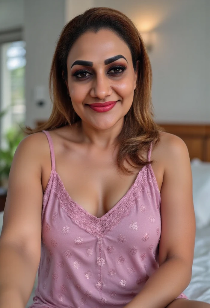 there is a woman laying on a bed with a white and pink floral dress, 4 5 yo, (38 years old), posing in a bedroom, posing in bed, profile image, 40 years old women, 3 5 year brazilian mother, 38 - year - old, 38 years old, fit girl. High quality, high resolution, masterpiece, 8k.