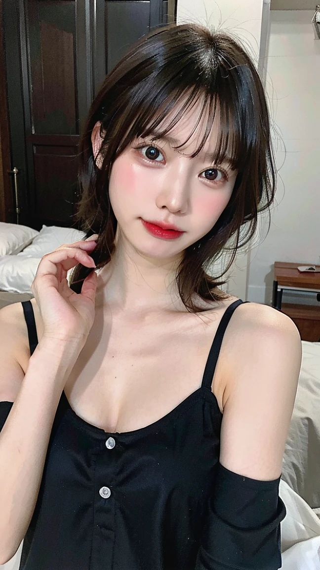 incredibly absurd, beautiful and cute 20-year-old Korean girl with a photorealistic face, showcasing top-quality craftsmanship. Her slender frame adorned with short, messy hair. The artwork high-resolution, allowing for ultra-detailed features to be captured flawlessly. The girl depicted naked. The focus lies on the realistic pupils, showcasing depth and emotion. ((breasts out)) cute smile.