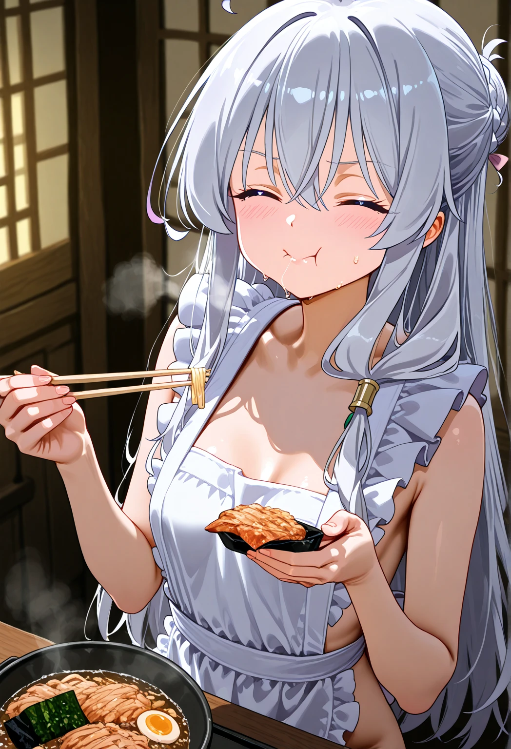 nakedエプロン、A bowl of rice in one hand、A rice scoop in the other hand、&quot;Here you go,&quot; he says, handing me the bowl.、One girl、18-year-old、Large Breasts、very cute、Light Hair Color、Shy expression、naked、Wearing an apron、nakedにエプロンを着けている、Japanese food is on the table、Her Room、living