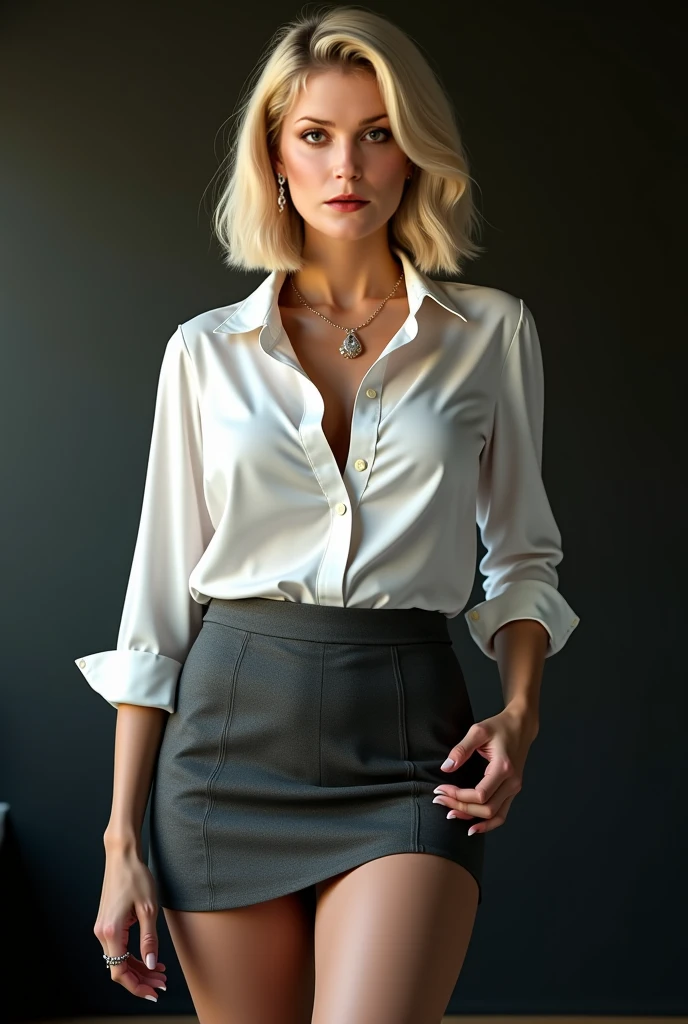 Professional, High level of detail, Full body photo of blonde (attractive 45yo woman:1.3), (classy stylish bob haircut)1.3, (neon gray-colored tight opened shirt)1.4, (black skirt:1.3), (black stockings), 1.455,natural lighting, (seductive:1.1), (blushing:1.1 ), (classy, elegant, dandy)1.2, (huge natural breasts)1.6 (pokies)1.3, (no bra, perky nipples:1.3 )1.2, (toned body, hourglass body shape) (wipe hips) (toned thick thighs), (full body with visible face and eyes)1.5, bending over a desk, (presenting her firm bottom to the camera)1.5