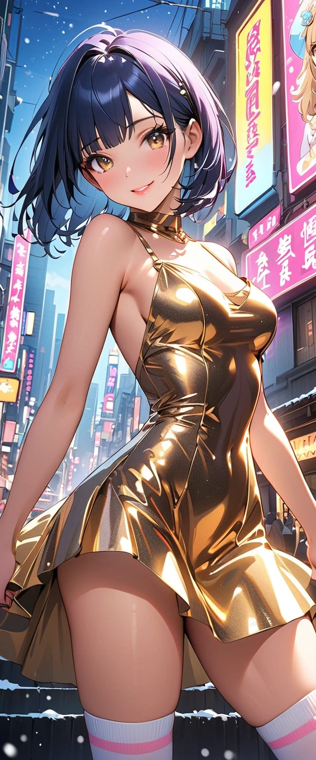 creates a 24-year-old anime girl with a gold-colored gala dress and a miniskirt with wide hips and breasts in a landscape of a luxurious and famous party hall