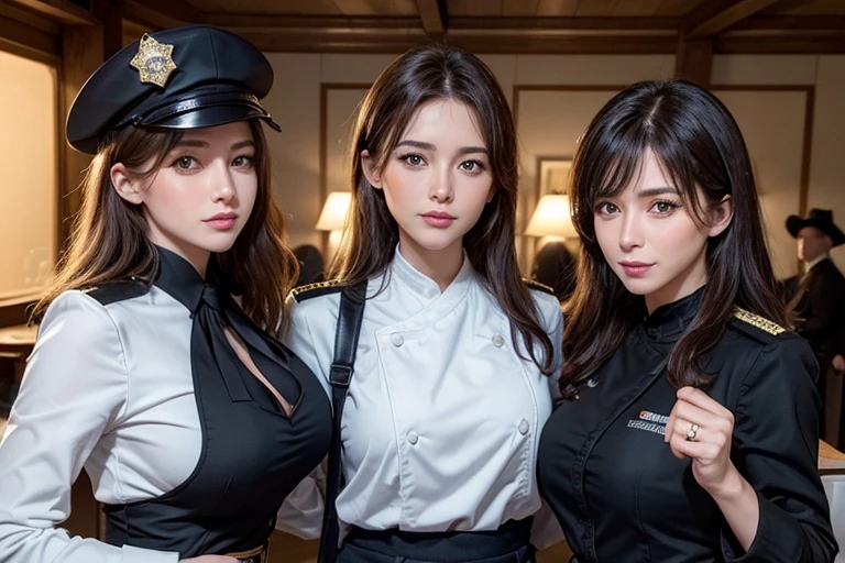 5 Korean women dressed in military uniforms marching, they are beautiful, they are pretty women, women with medium breasts, medium-sized breasts