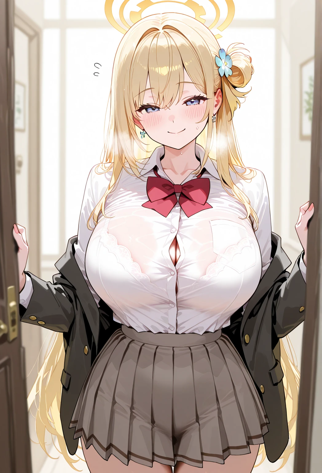 score_9, score_8_up, score_7_up, score_6_up, source_anime BREAK 1girl spaphro, tiara, circlet, hair flower, lipstick, large breasts, collared shirt, looking at you, ascot, pencil skirt, black skirt, looking at you, smile, hallway