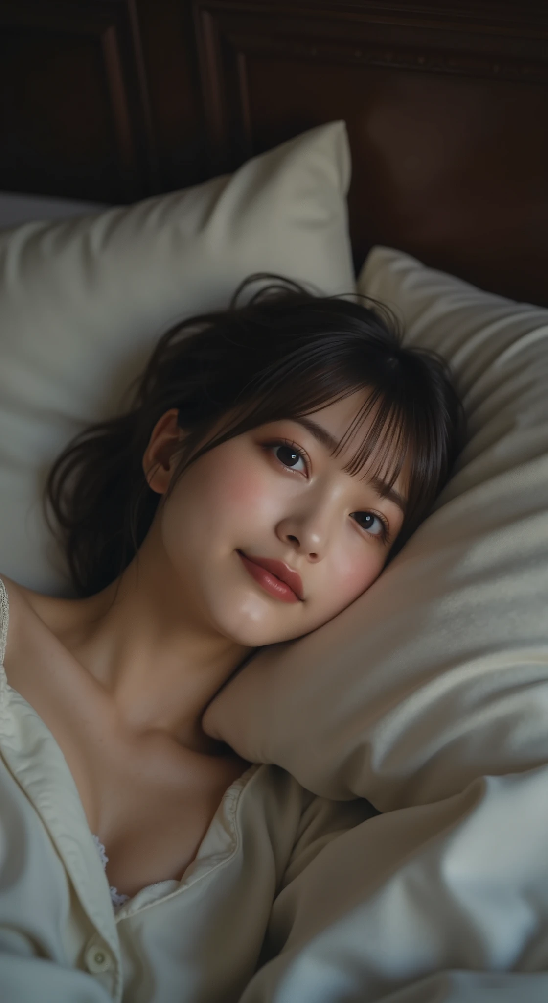 full body shot、lying on the bed、Waking up、(8k, RAW Photo, Highest Quality, high definition: 1.1), (ultra realistic: 1.4), (realistic, realistic: 1.3),  Japanese Beauty, pajamas, ((upper body: 1.3)) high definition, realistic image of a Japanese woman with short hair,  she has big breasts and red cheeks , Look at that, smile She looks at it, smile,, Spread out on the bed, かわいい無地のpajamasを着て、beautiful hair、Semi Long Haired、a 30-year-old woman、lying on the bed