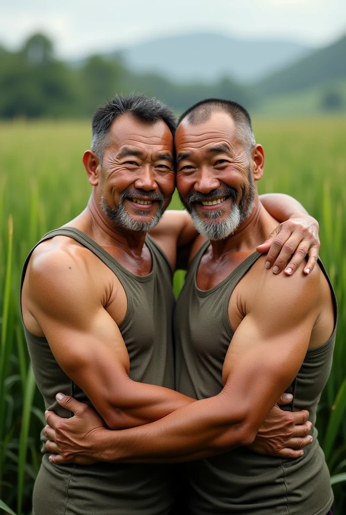 2 Vietnamese grandfathers with gray hair, mature face, a thick mustache, a short chin beard, bear body, wearing a massive bulging gray jockstraps standing at the sea, have belly, big muscular chest, a sexy pose.