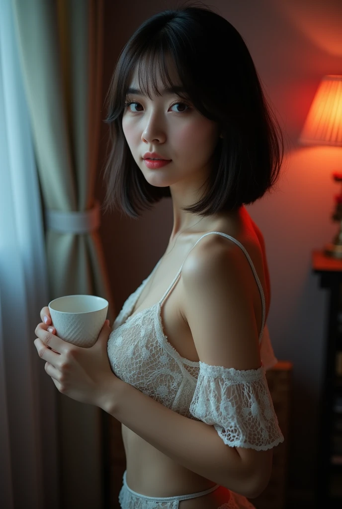 (16K, highres, absurdresmasterpiece, best quality, ultra detailed, exquisite, beautiful), delicate facial features, beautiful japanese idol, 19year old, woman, medium hair, messy hair, Blunt Bangs, light brown hair, in the cafe, coffee cup, looking at viewer, realistic portrait, raw photo, ultra realistic photo, upper body, front view, golden ratio, cinematic lighting, in focus with blurred background,