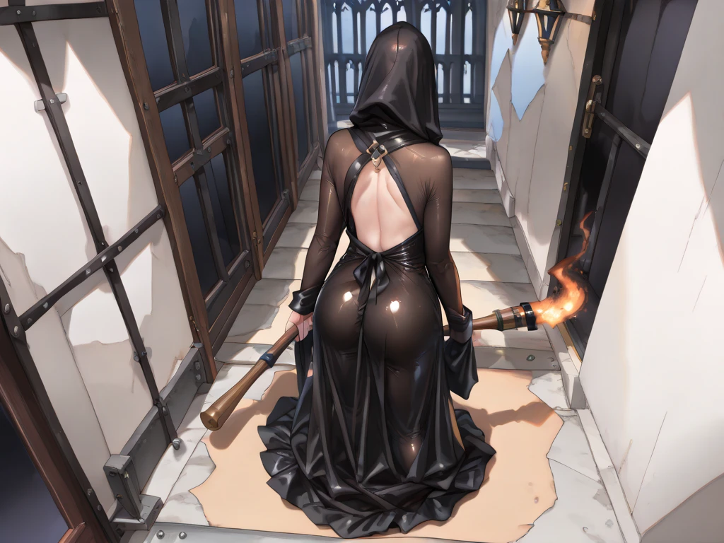 Fantasy, darkest dungeon, a voluptuous succubus with a curvy body, firmly tied, bound with heavy iron chains, red eyes, black braid, nsfw, High detailed, 4k, Masterpiece, Cinematic Lighting, a mystic light illuminates her silhouette, from the back