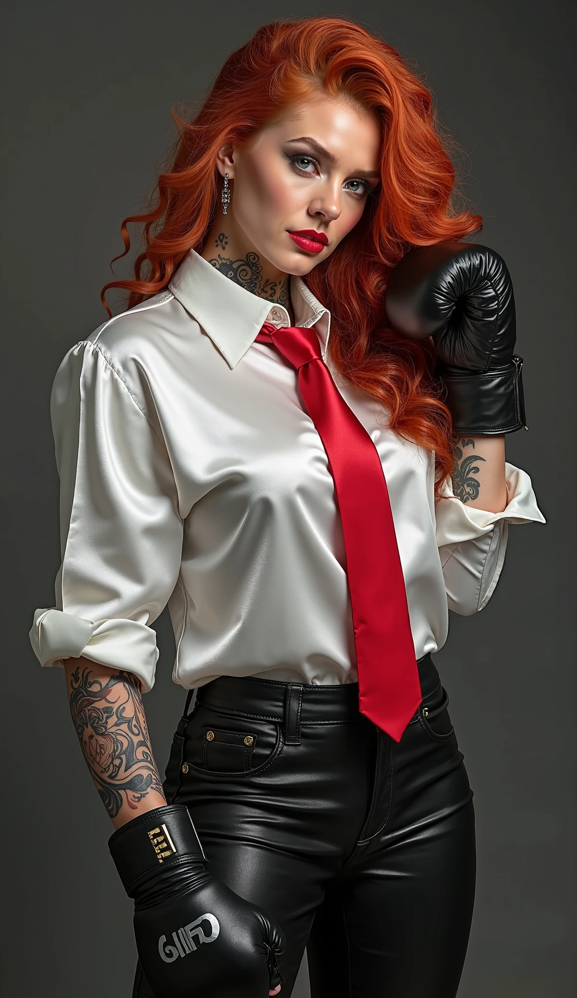 makima with the face of Cara Delevingne. (chainsaw man), best quality, ultra detailed, 1girl, solo, standing, red wet hair, long wet braided hair, golden eyes, wet bangs, medium breasts, white wet shirt, tie, look, smile, (bad: 1.2), black make up, looking at the viewer, (interview: 1.3), stands in a sort of stride, confident, haughty, black tight jeans(dark background, chains: 1.3), from above, sharp contrast, beautiful detailed eyes, focus, full body shot
