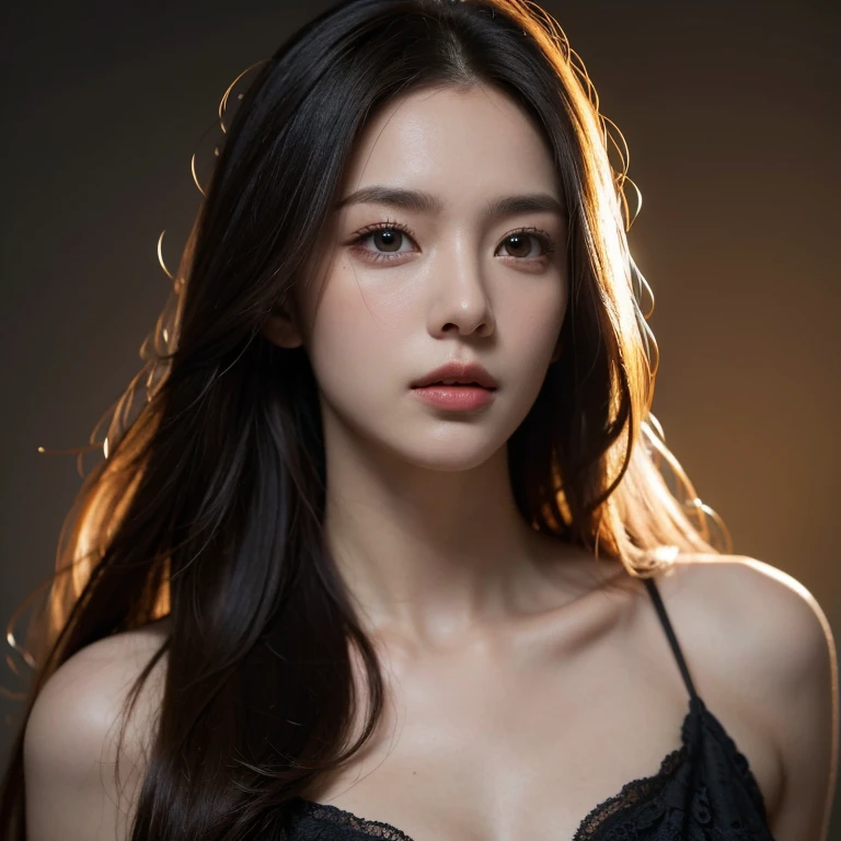 masterpiece, Best Quality, Illustration, Ultra-detailed, finely detail, height resolution, 8K Wallpaper, Perfect dynamic composition, Beautiful detailed eyes, open mouth, Sexy face, Face feeling ecstasy, Face at the peak of sexual arousal, looking at viewer, Big breasts, Exposed cleavage, seductive pose, ((Dark background)), (realistic,Hyper-realistic:1.37), 16K HD, INFO,