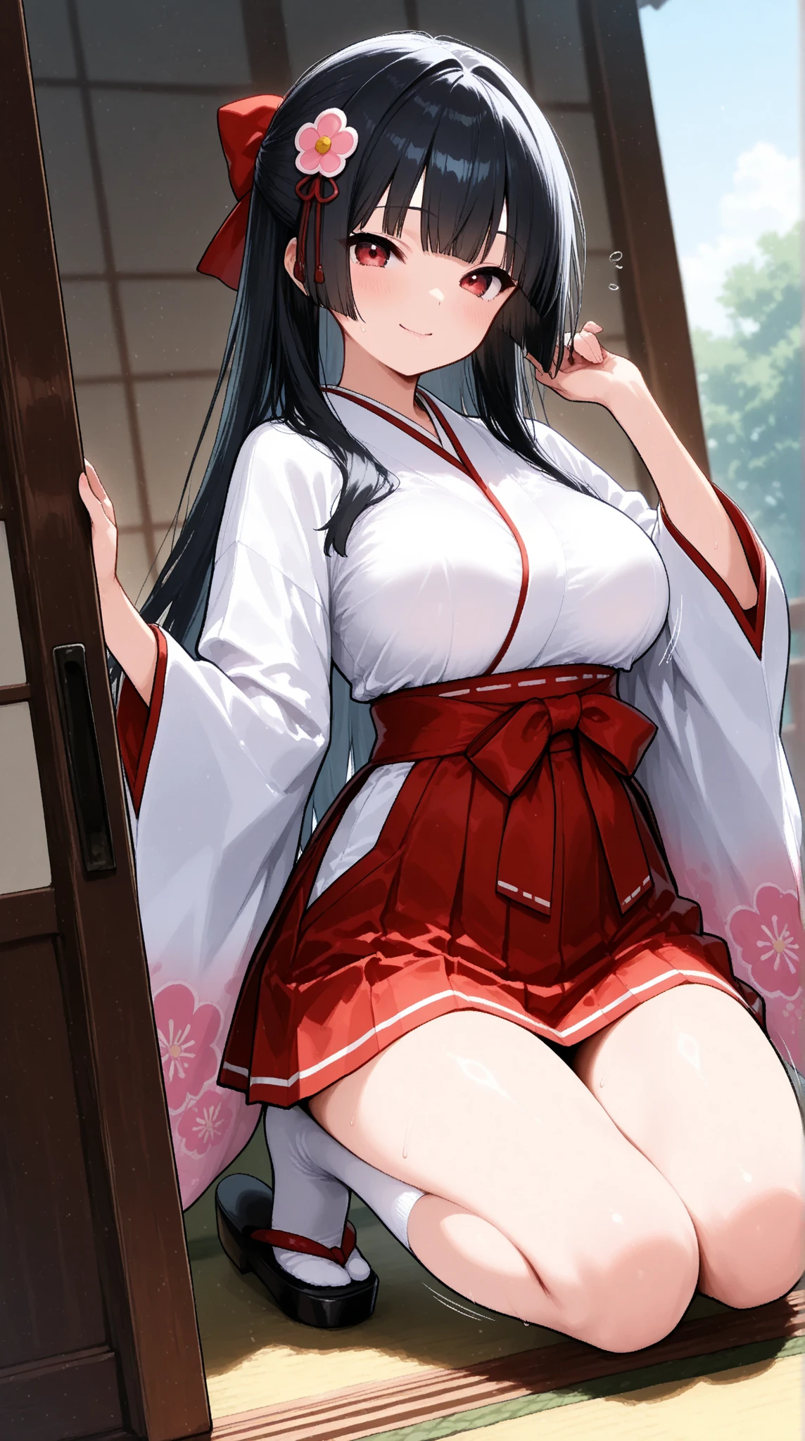 ((Highest quality)), ((masterpiece)), (be familiar with), Perfect Face, Big eyes, Drooping eyes, eyelash, The sparkling light of the eyes, japanese shrine maiden, white thighhighs, nontraditional miko (mini skirt lift), (intricate detailed white satin panties), shy smile, medium breasts, smile, closed mouth, whole body