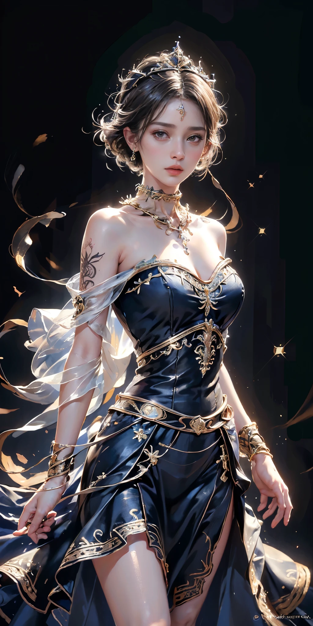 Please follow the all prompts below exactly and faithfully, This is a breathtaking masterpiece of digital illustration, with maximum resolution, UHD, 512K, 2160p, 10 million ppi, 300 million dpi, natural color tones, ultra sharp details, perfect outlines with contrast, ((smooth, soft and clearly and most realistic skin and hair texture)), most beautiful detailed eye features, perfect anatomically correct human body, beautiful background with depth, rule of thirds, depth of field, Maximize all element is used to its full potential to create the best digital illustrations, 1woman, sexy, 25years old, beautiful face sharp, elegant woman, Ultimate perfect body style, beautiful beautiful big breasts, Maximize upturned breasts, green eyes, shiny blonde hair, short hair, bob cut, (eyes visible through hair:1.3), glossy very thick lips, pink lipstick, smile:1.5, “Vibrant, intricately patterned skirt with regal, flowing design; adorned with mystical symbols and gemstones; dark, majestic colors with striking contrasts; ethereal, otherworldly aura. The skirt features layers of luxurious fabrics, including velvet and silk, with golden embroidery and silver thread accents. Enchanted runes and ancient glyphs are woven into the fabric, glowing faintly. The hem is lined with shimmering crystals, and the waist is cinched with a jeweled belt. The overall look is both fearsome and elegant, exuding power and mystery.”