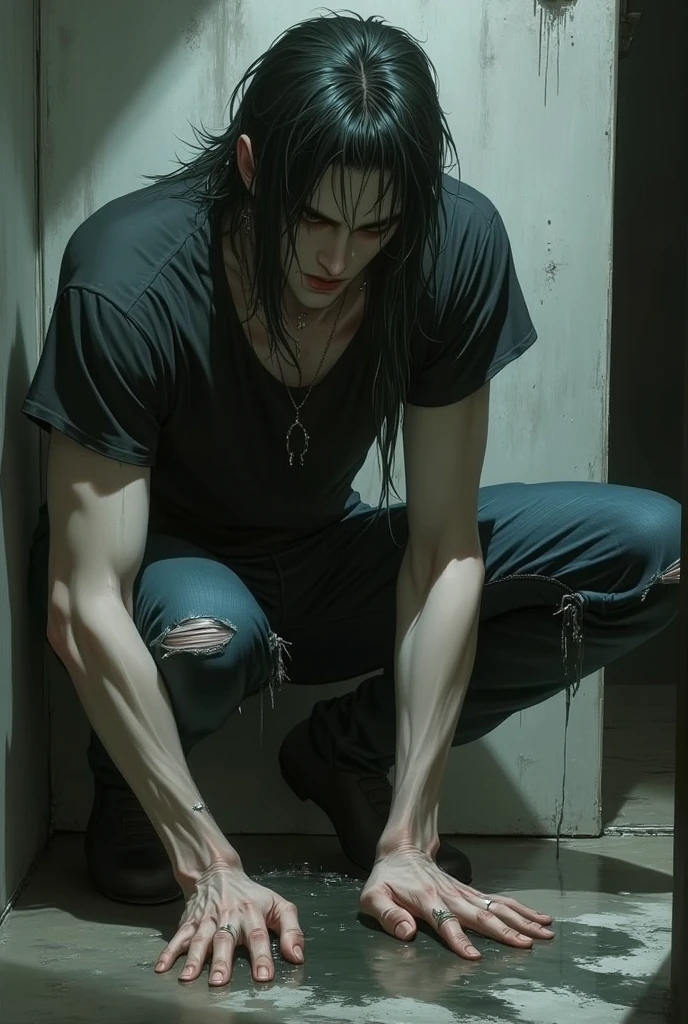 Best Quality, Masterpiece, Ultra High Resolution, (Fidelity: 1.4), Photos, 1 Handsome Long Hair (((Boy)))), Dim, Darkness, Lightning, Despair, Pathese, Movie, Tears, Teardrops, ((Men)), (Torn Clothes: 1.5), (Wet Clothes: 1.4), Kneeling on the Ground, Saving Yourself, Biting Lower Lip, Bare Shoulders, Real Rain, Wet Hair, (((Men)))