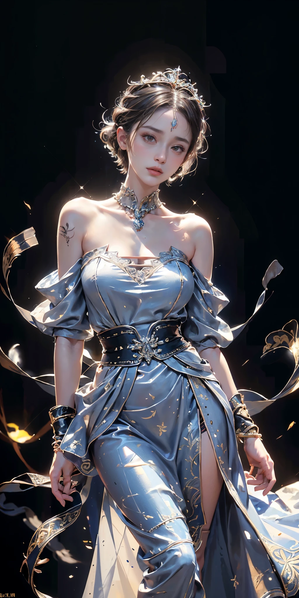 score_9,score_8_up,score_7_up,masterpiece,best quality,perfect anatomy,very aesthetic,official art,8k,Girl 1, Beautiful Evening Black Dress With Gold Patterns, curvy, sexy, bright hair color, nacre, Background Evening, dark, The Arch Glows, Small Lights Illuminate the Girl, The Full Picture of What's Happening, Delicate and Precise Colors, beauty, official art, masterpiece, highest quality, All according to the Author,