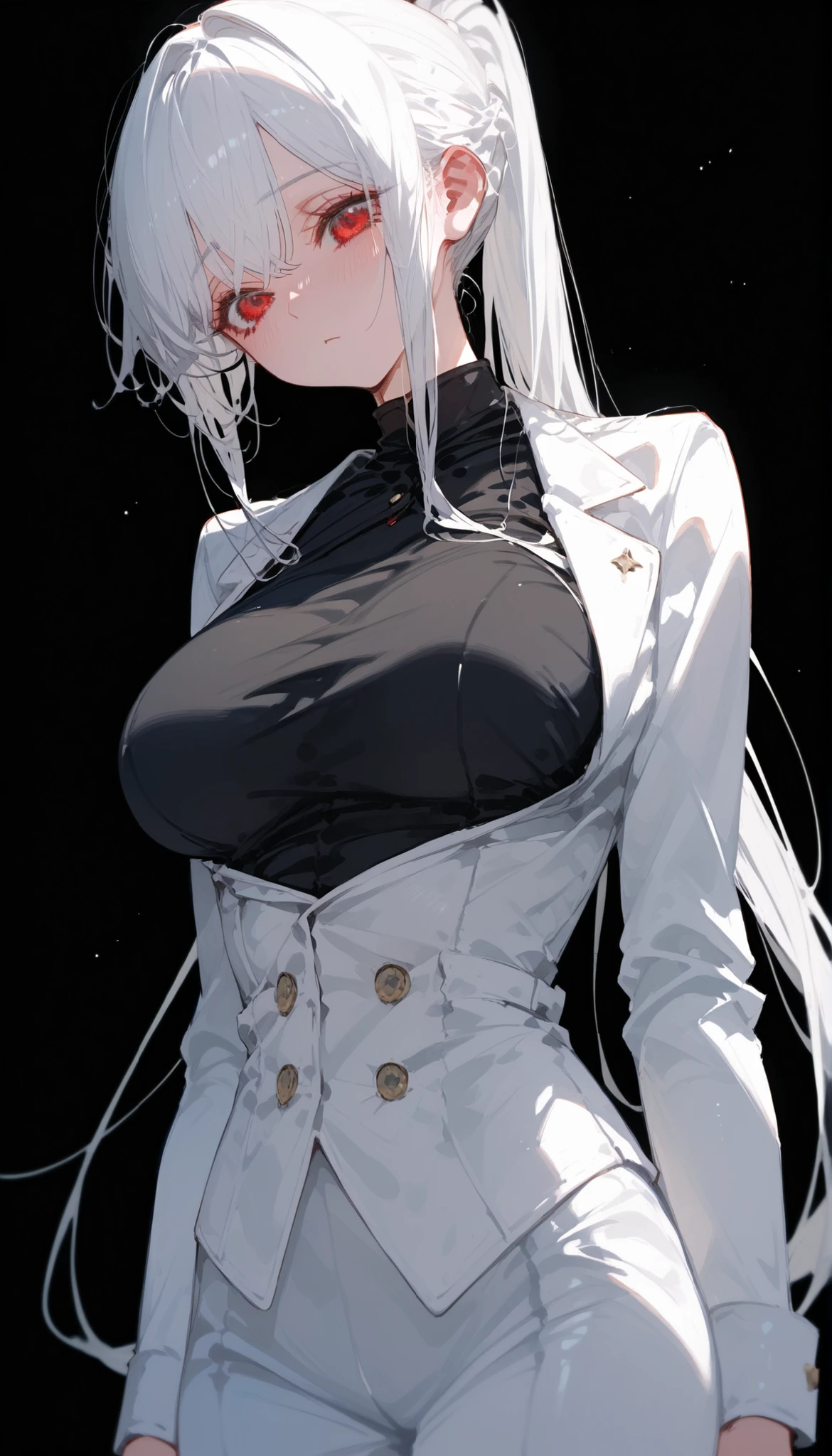 girl,white,white hair,in red eyes,cute,long hair,slim,long hair,pigtail,Milf, ,Big breasts,standing up,White suit,black background,eyelash ,shy,Shy,Big Breasts, ponytail,Black Shirt,