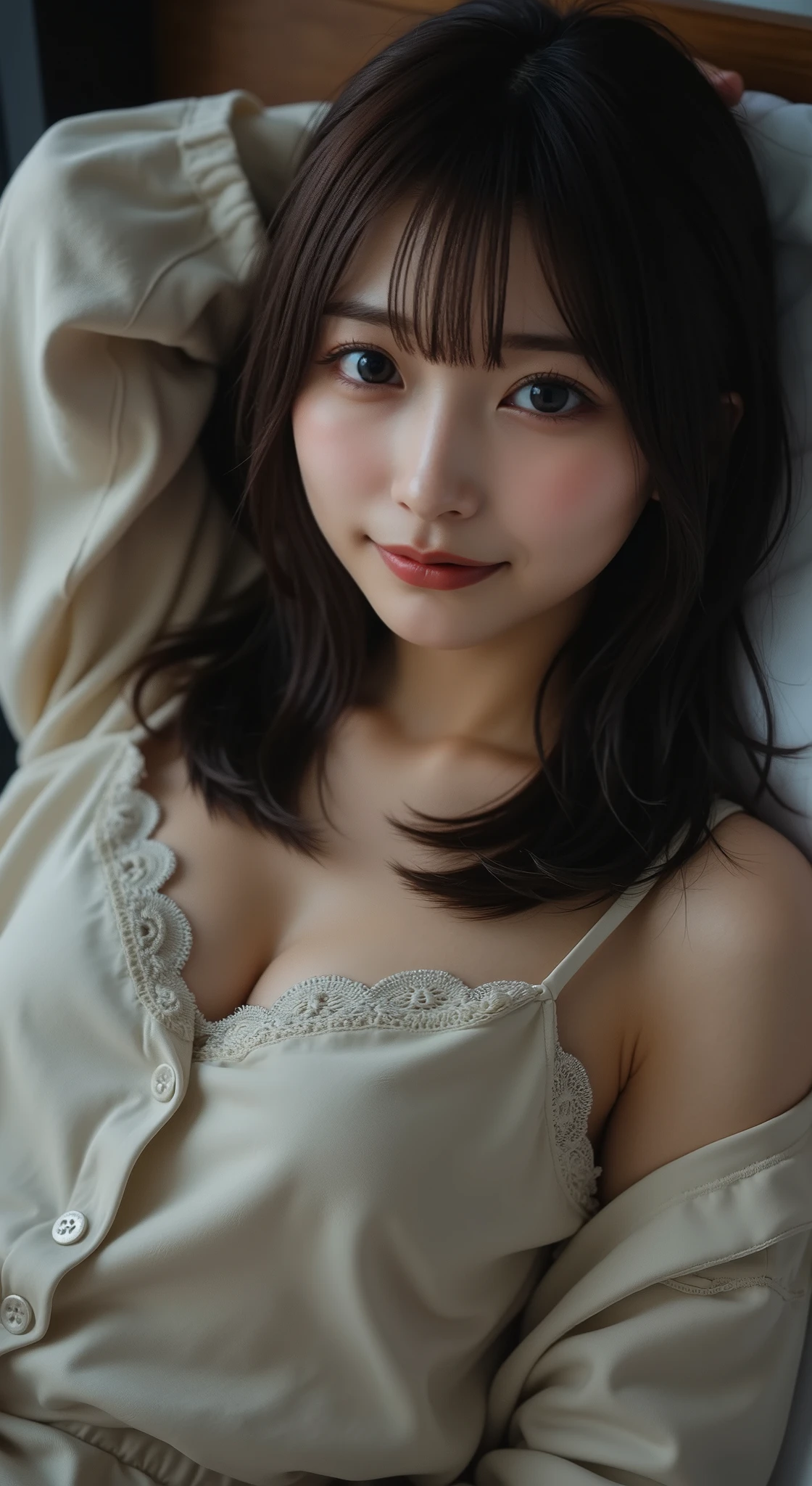 masterpiece、8K、32K、highest quality、(detailed eye:1.1)、(cute japanese woman、bangs)、23 years old、1 girl、elegant、(Detailed background depiction、Portrait)、(underwear:1.2)、(alley)、night、illumination、(movie, Ilford HP5, 80mm)
