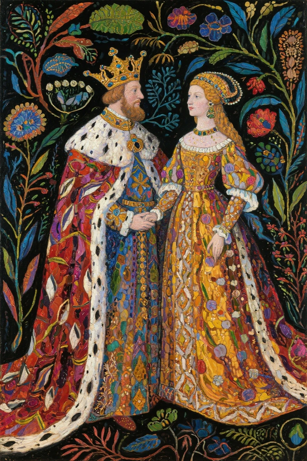 Gustav Klimt Fantasy King and Queen, Bosch , art , kings and queens , gorgeous , color harmony , intriguing , impressive , in half a turn , high definition , high detail , wonderful colors , painting with colored ink and pen , dark botanical art