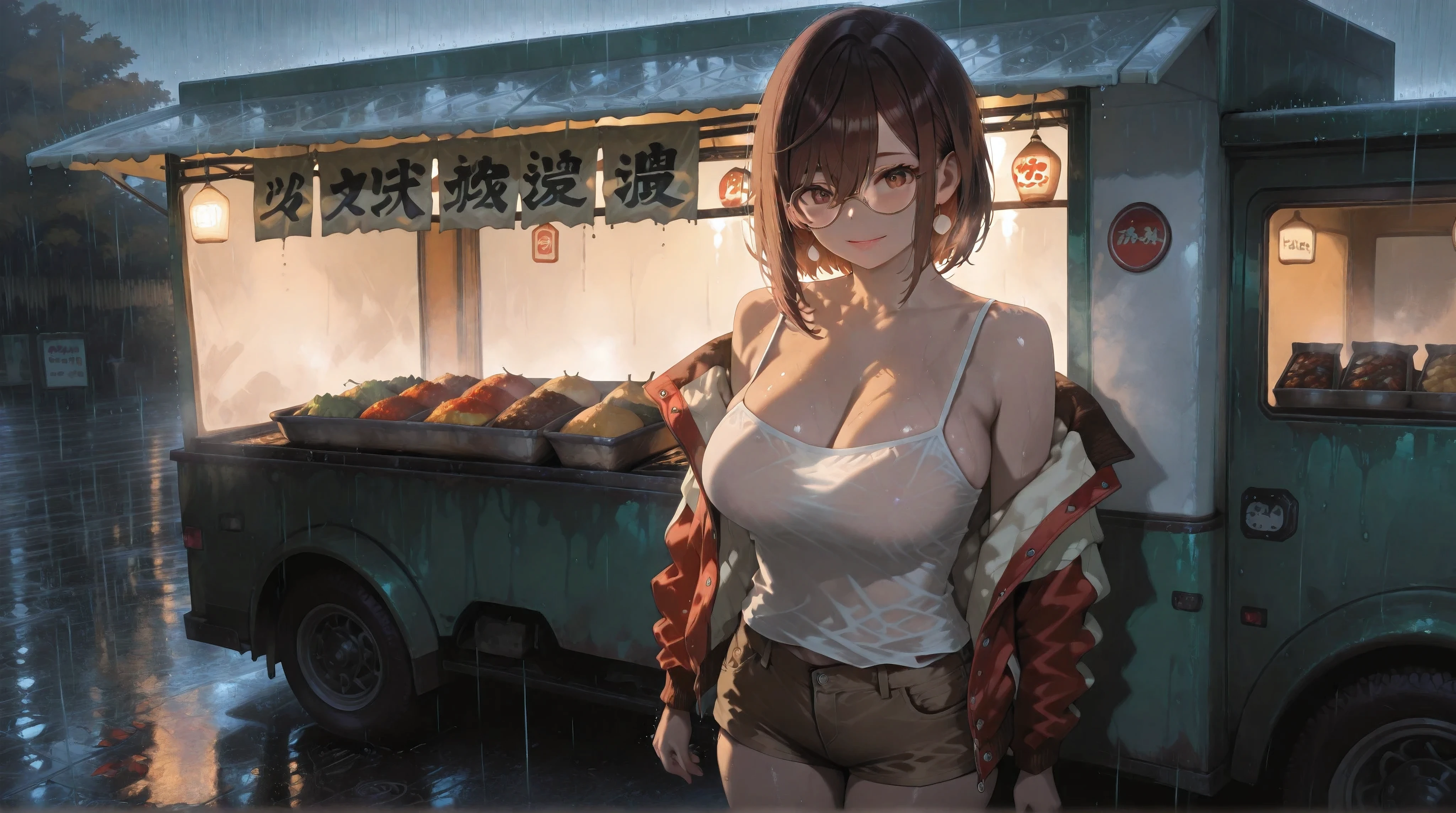 (NSFW:1.1), A Realistic image, extremely sharp focus, crisp details, high resolution, 4K, 8K. (correct anatomy and detailed hand). A wide angle shot, side view, a detailed, high quality rendering of Ayase Momo from Dandadan. She wears beautiful, detailed round eyeglasses, she wears a camisole, varsity jacket and shorts. She has a beautiful large breasts. She has a beautiful face details, a beautiful detailed brown eyes and a real human skin, her expression is happy and she looks at the viewer. She's standing in front of a food truck. Rain, autumn, dramatic cold soft light casting soft natural shadows, cold and warm color pallete. the background has highest detail, detailed background and depth of field.