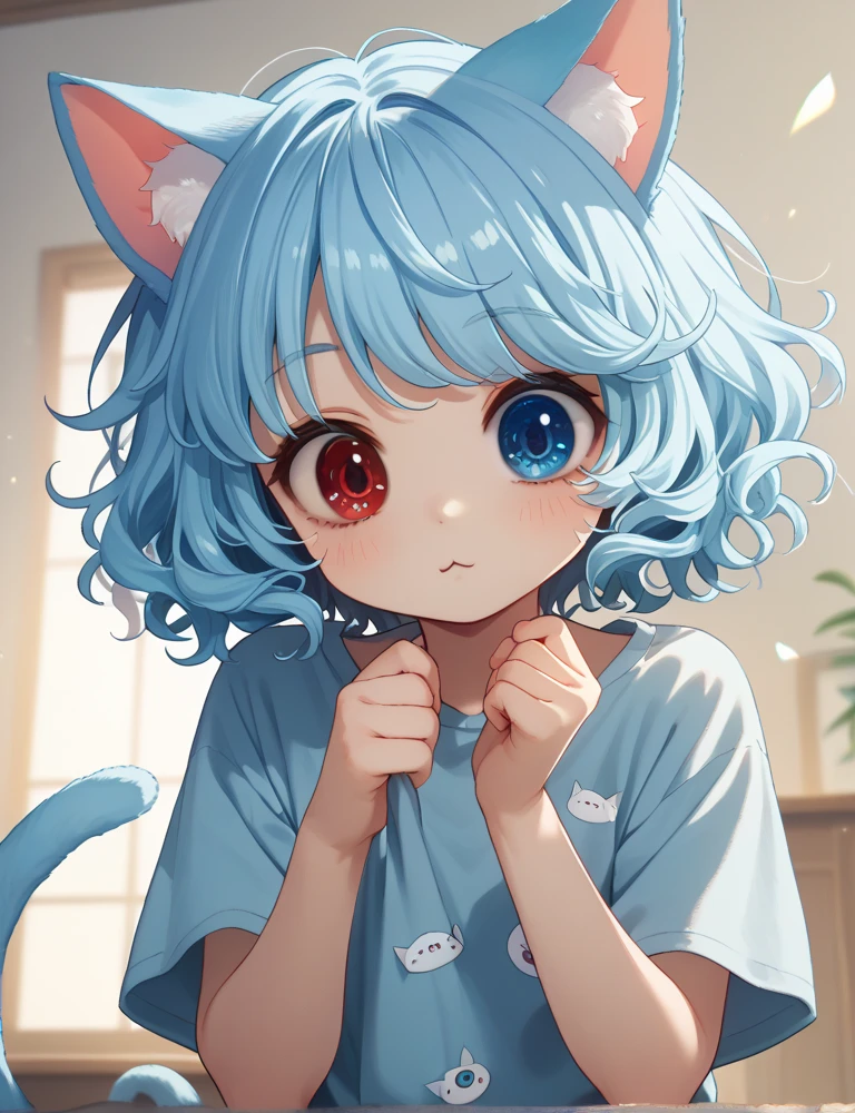 Anime cute cat Femboy with blue hair and yellow blue eyes