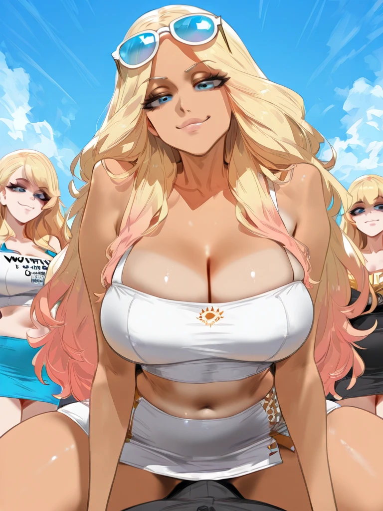 1chica, solamente, Afrodita, blonde hair, adornos para el cabello, flores en el cabello, pechos enormes, black bikini bra, escote, cuello, pulseras doradas, obra maestra, mejor calidad, colores vibrantes, NSFW, oversized gigantic breast, Mujer completamente madura, blue eyes, Cabello largo, happy face, black bikini, in the beach, (Beautiful_cara:1.5), (estrecho_cintura) cinematic lighting, bust shot, extremely detailed CG unity 8k wallpaper, muscular, hands behind head, squatting, Beautiful,big size ass_senos:1.4), smile,