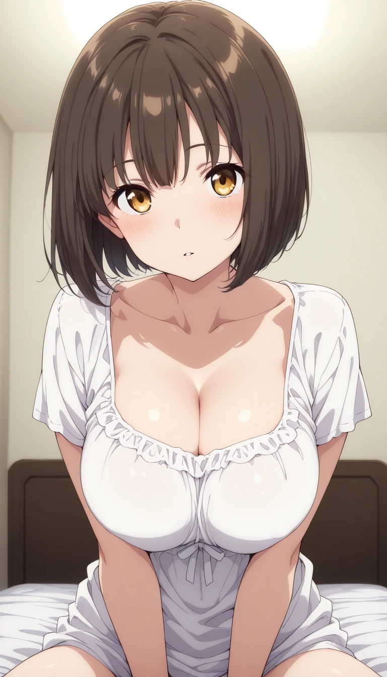 Best Quality, masutepiece, Brown hair, Yellow eyes, Yuriko Aoki, Stand in the changing room, Embarrassed look, oversized tits:1.5, cleavage of the breast, (White camisole:1.5, no-bra, Thin fabric), The upper part of the body, Close-up on the chest