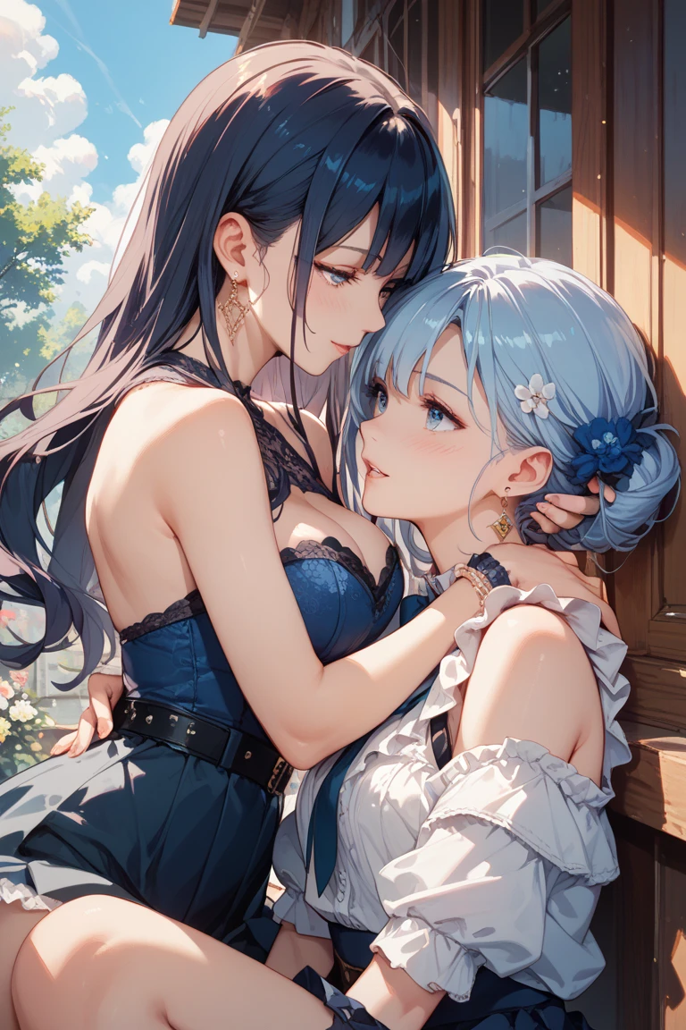 (profile), (mother and daughter hug each other style), (a forehead blue hair long hair 26 yo sexy mother, in a white one piece dress, big tits), and, (a forehead blue hair long hair 15 yo immensely cute daughter, in a black summer one piece dress, small tits), master quality ((They cry and Inspiring hug each other)), break, in the lounge, good morning, BREAK, 16K, masterpiece, best quality, beautiful detailed grow.