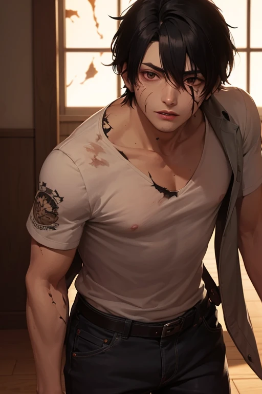 m male, (intricate details:1.22), hdr, (intricate details, hyperdetailed:1.2), full body, cinematic, intense, film composition, cinematic lighting, (rim lighting:1.3), color classification, , casual clothing, face eren yeager, strong body, perfect body, 8K, background bar with many people, long hair black color, bloody bruise, torn clothes, angry