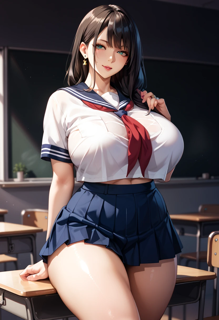 high resolution、8K、Beautiful pink eyes、Black Hair、Glasses、Belly button piercing、NSFW, Glossy with oil々Skin、Wear a sailor uniform、Pink Check Skirt、Shiny thighs,、Narrow waist、Firm big breasts、panty lift.cute、Love juice drips、lureの笑み、lure、Sex appeal、Classroom、Kneeling