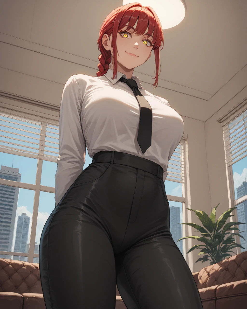 (masterpiece:1.2, best quality:1.2, beautiful, high quality, highres:1.1, aesthetic), detailed, extremely detailed, ambient soft lighting, 4K, perfect eyes, perfect face, perfect lighting,perfect female body, perfect breasts, perfect hips, perfect anatomy perfect hands makima \(chainsaw man\), best quality, ultra detailed, 1girl, solo, standing, red hair, long braided hair, golden eyes, bangs, huge breasts, huge ass, huge thighs, narrow waist, wide hips, thick thighs, curvy, tight black pants, white shirt, wet shirt, see through shirt, necktie, stare, smile, looking at viewer, (interview:1.3),