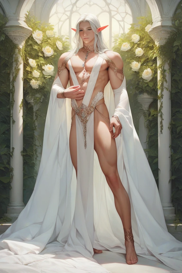 on the beach, 5 small full body, naked, naked woman lie on ground, small man riding white horse white looking back, white feather cloak, shield, bow, sword, female greek god, white hair, masculine, mature, naked, hairy torso, fantasy, intricate, elegant, highly detailed, digital painting, artstation, concept art, smooth, sharp focus, illustration, art by gaston bussiere and alphonse mucha, almost naked