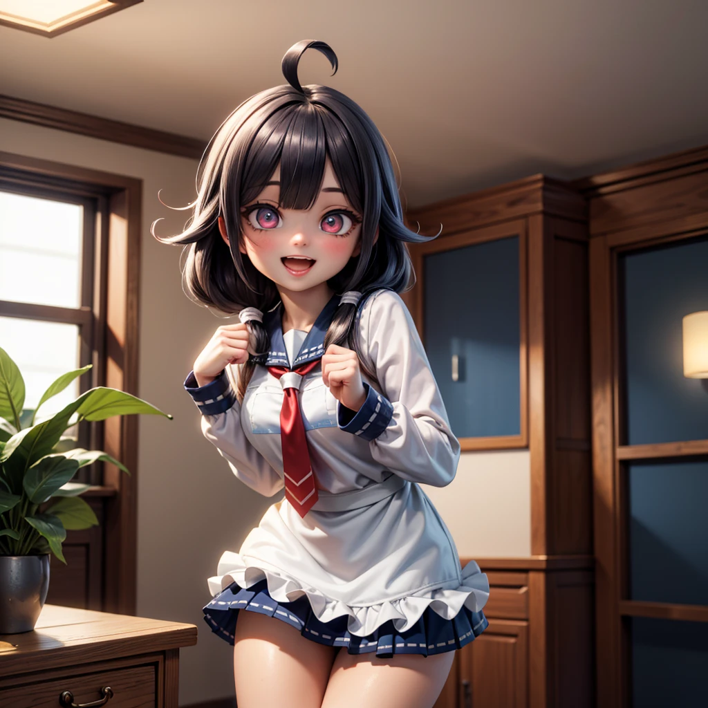 、Jewel-like eyes、full body、smile、Long black hair、ribbon、(Blue checkered pleated skirt)+(White collared shirt)、Crouching