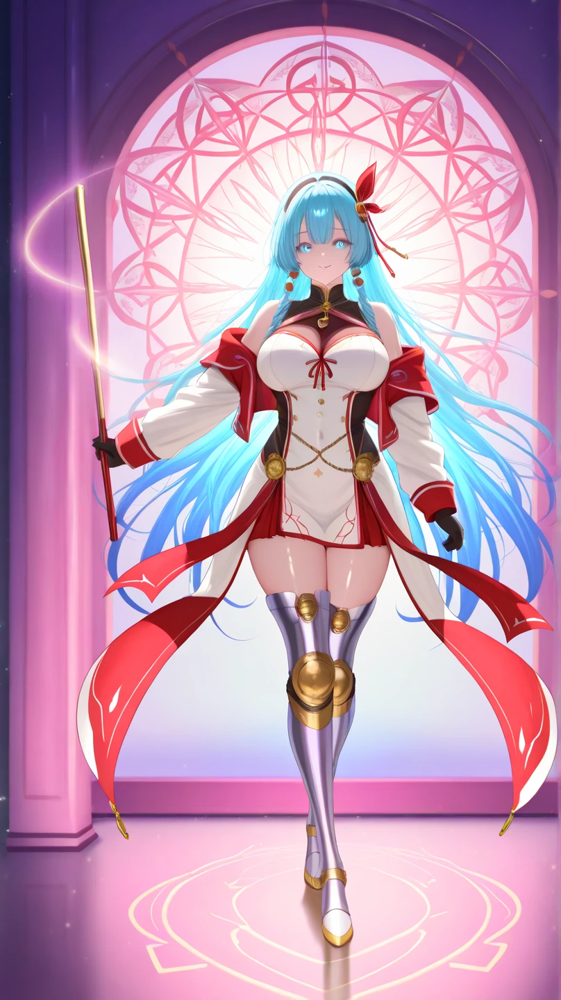 A semi-realistic anime-style scene set in a mystical forest at dusk. In the foreground stands “الثعلب المكار”: an anthropomorphic brown fox with bright blue eyes, wearing a crisply rendered white thobe and a flowing red ghutra, standing upright in a confident, cunning pose. Behind him is a large magical musical wall built from glowing violet and pink square modules, each connected by polished brass rods, tiny bells, and crystalline levers. From the top of the wall descends a radiant blue energy marble, leaving a trail of sparkling particles and soft mist as it rolls down. Every contact with a module emits a note of a famous melody (e.g., “Claire de Lune”). The lighting is cinematic and moody, with shafts of soft pink and purple light filtering through the trees, subtle lens flares, and ambient fog to enhance the magical atmosphere. Rich, vibrant colors; high detail on fur texture, metal reflections, and particle effects.  --ar 16:9 --v 5 --q 2
